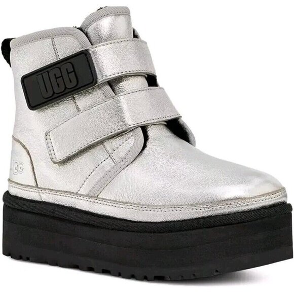 NEW UGG KIDS /GIRLS NEUMEL PLATFORM LEATHER SILVER METALLIC BOOTS SZ 6 - Picture 1 of 9